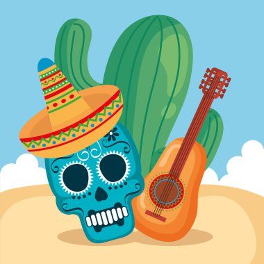 Kafatası ve kaktüs posteriyle Meksika kutlaması