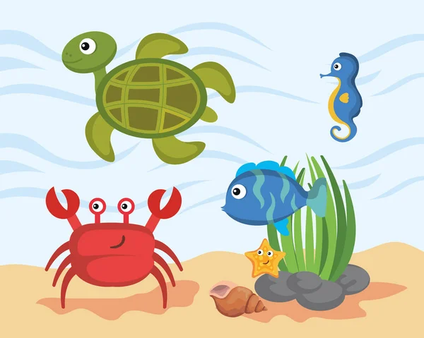 Crab Turtle Sealife Scene — Vetor de Stock