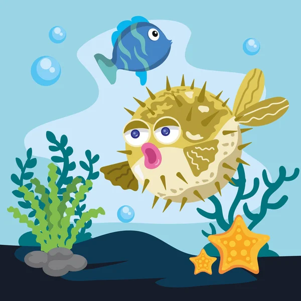 Blowfish Fish Sealife Scene — Vector de stock