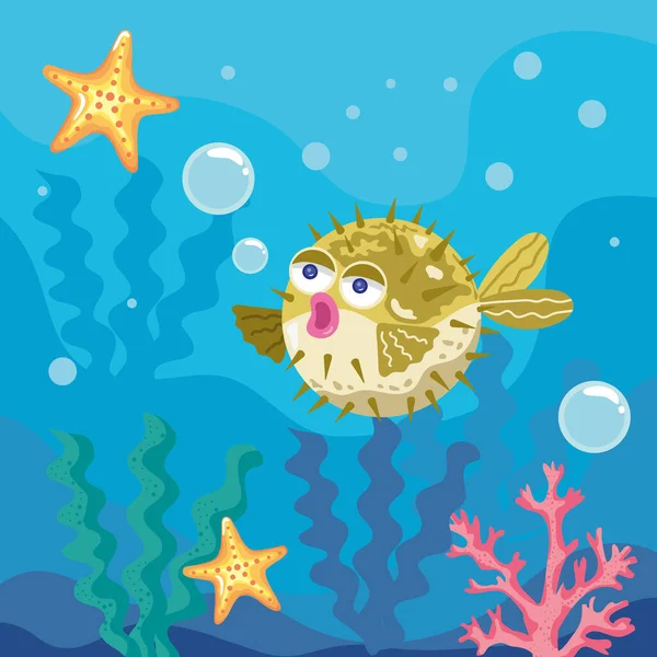 Blowfish Starfishes Sealife Scene — Vector de stock