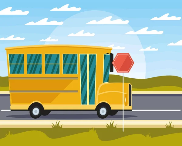 Bus Sekolah Dengan Adegan Stop Signal - Stok Vektor