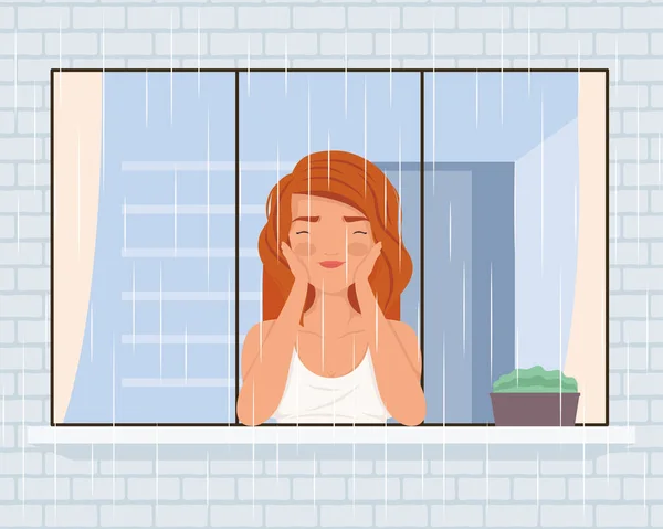 Woman Watching Rain Window Character — Vector de stock