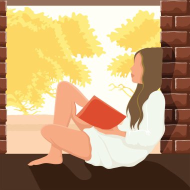 Kadın oturmuş pencerede kitap okuyor.