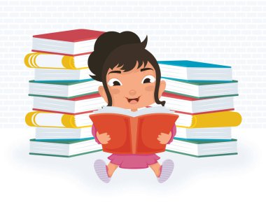 girl reading with books scene