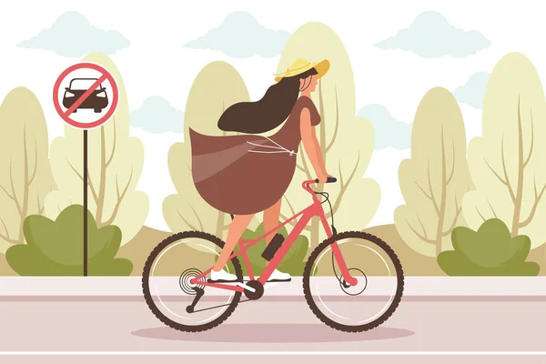 Mujer Montar Bicicleta Escena Calle — Vector de stock