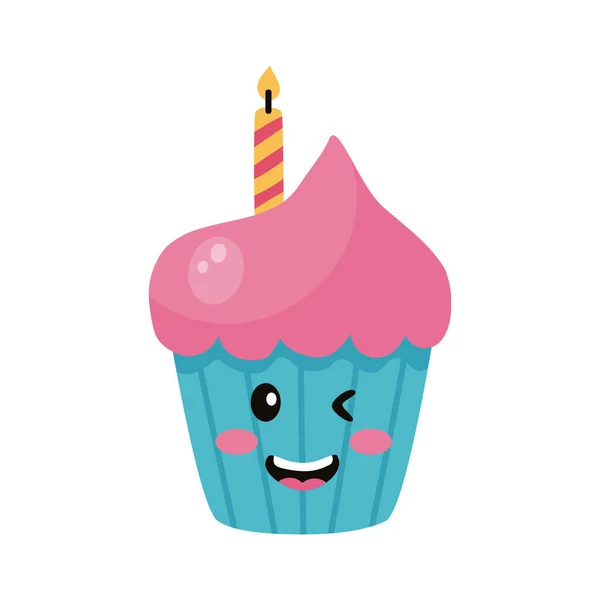 Aniversário Cupcake Kawaii Personagem Cômico — Vetor de Stock