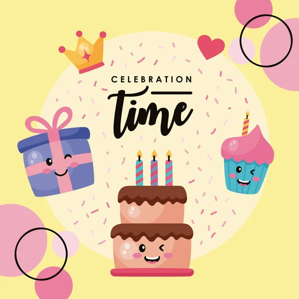 Celebration Time Lettering Card Cake — Stock Vector