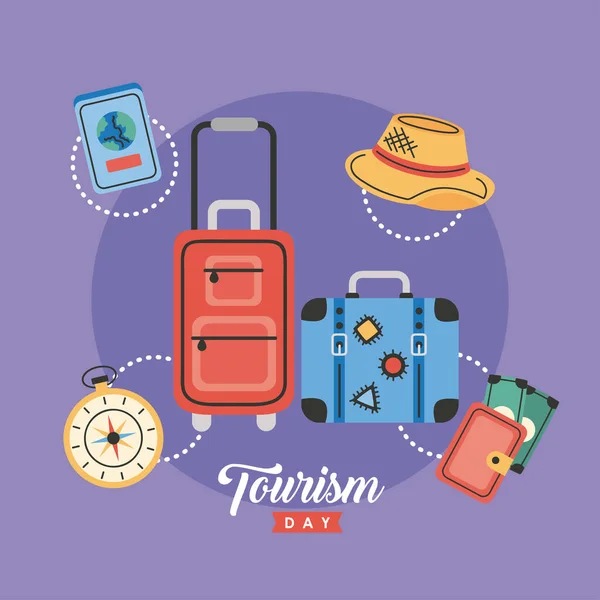 Turism Day Lettering Postcard Suitcases — Vettoriale Stock