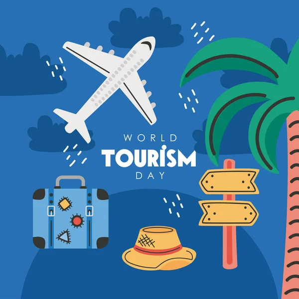 World Turism Day Lettering Card Airplane – stockvektor