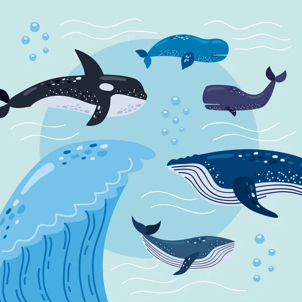 Πέντε Φάλαινες Και Θάλασσα Κύμα Σκηνή — Διανυσματικό Αρχείο