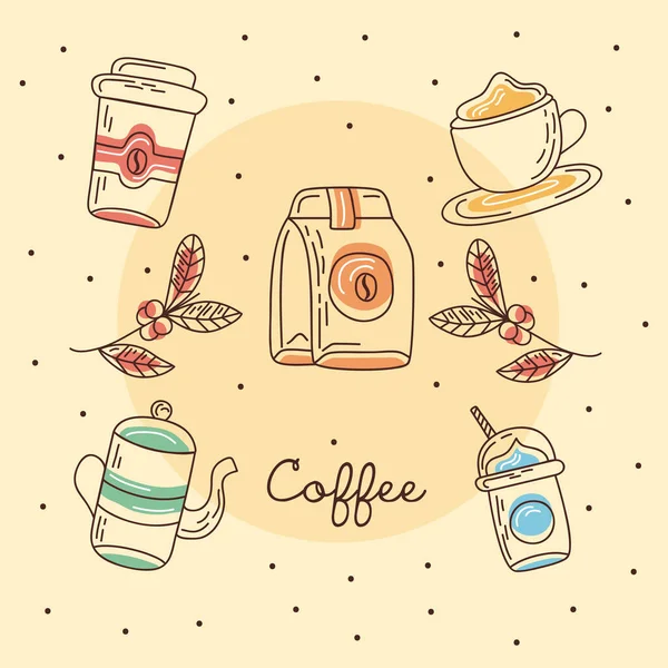 Kaffee Schriftzug Und Sieben Set Symbole — Stockvektor