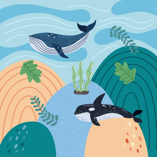 Two Whales Undersea Nature Scene — Vector de stock