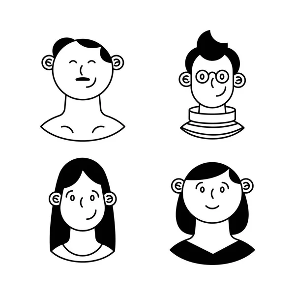 Four Persons Monochrome Characters Group — Stock Vector