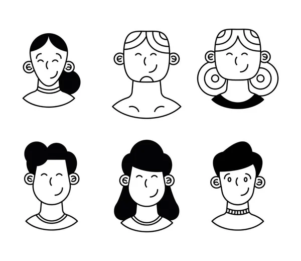 Persons Monochrome Six Characters Group — Archivo Imágenes Vectoriales