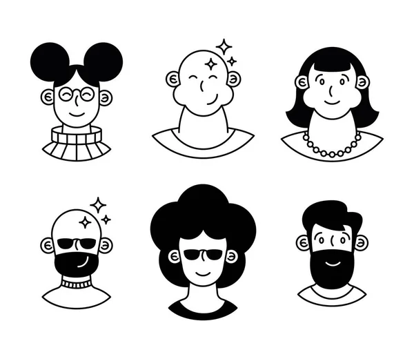Six Persons Monochrome Characters Group — Stock Vector
