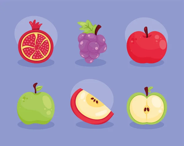 Six Fresh Fruits Set Icons — Stockvector