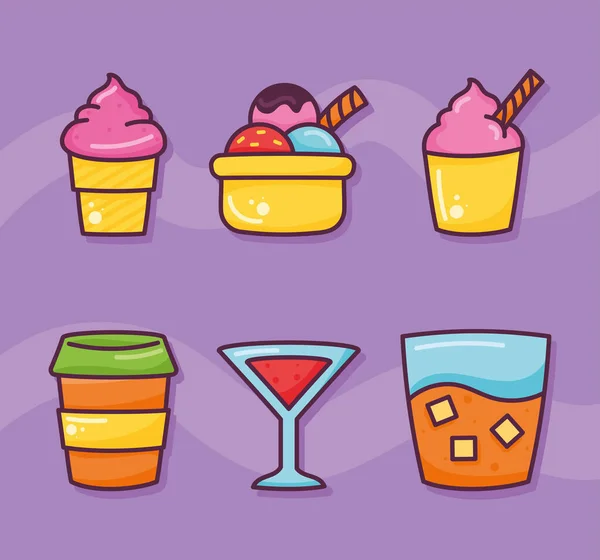 Delicious Food Set Six Icons — Stockvector