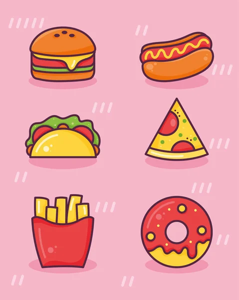 Six Delicious Food Set Icons — Stock Vector