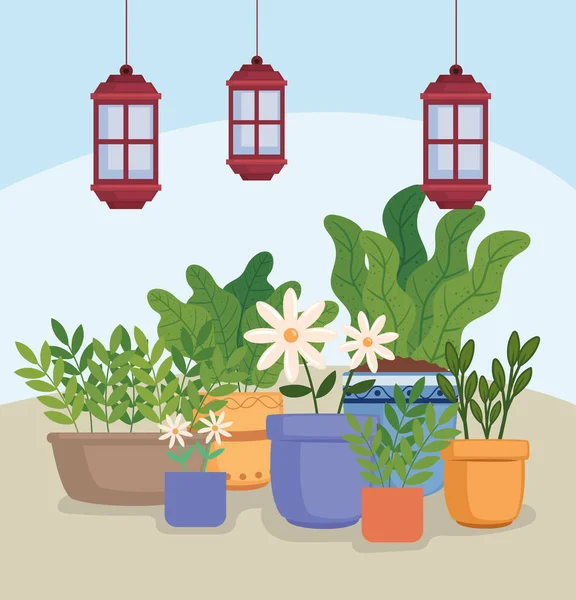 Gardening Houseplants Lamps Scene — Stockvector