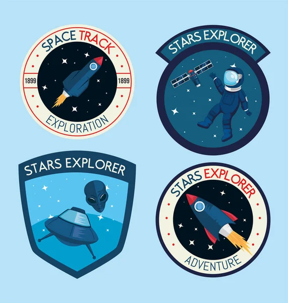 Space Retro Set Four Stickers — стоковый вектор