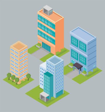 four isometric buildings urban scene