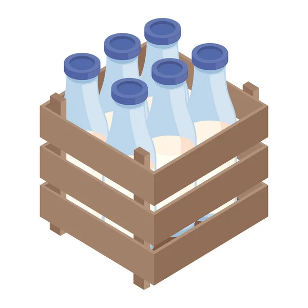 Milk Bottles Basket Isometric — Stockvector