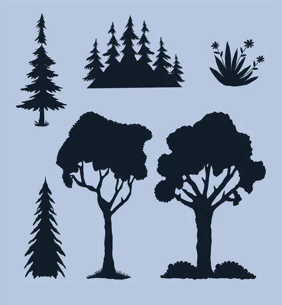 Six Tree Plants Silhouette Set Icons — Διανυσματικό Αρχείο