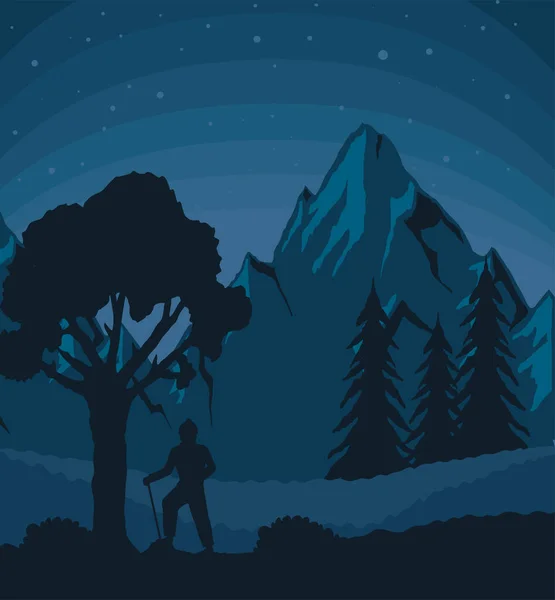 Traveler Night Landscape Scene — Vector de stock