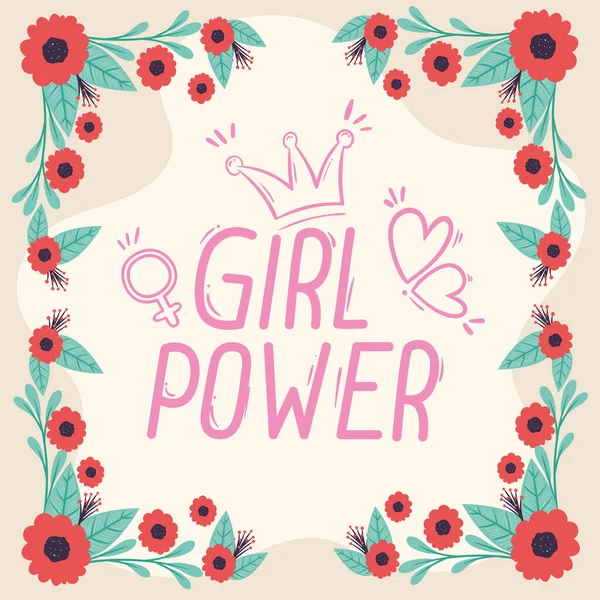 Girl Power Lettering Frame Flowers — Διανυσματικό Αρχείο