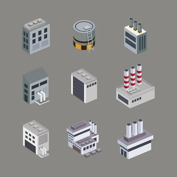 Nine Isometric Industrial Set Buildings — Archivo Imágenes Vectoriales