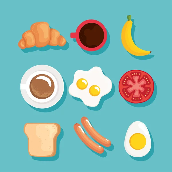 Nine Breakfast Ingredients Set Icons — Stockový vektor