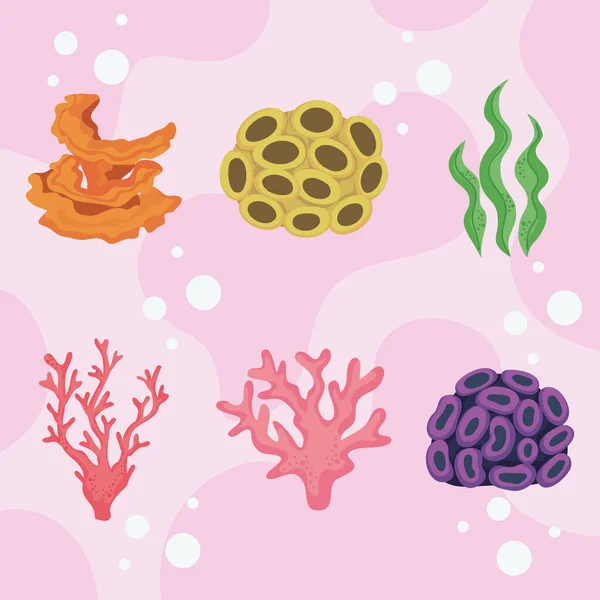 Six Coral Reefs Set Icons — Vettoriale Stock