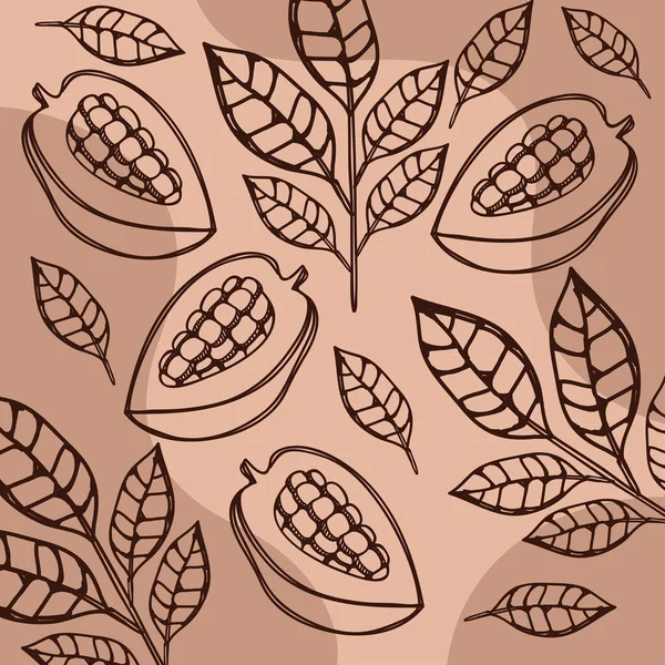Kakaofrüchte Und Blätter Muster Hintergrund — Stockvektor