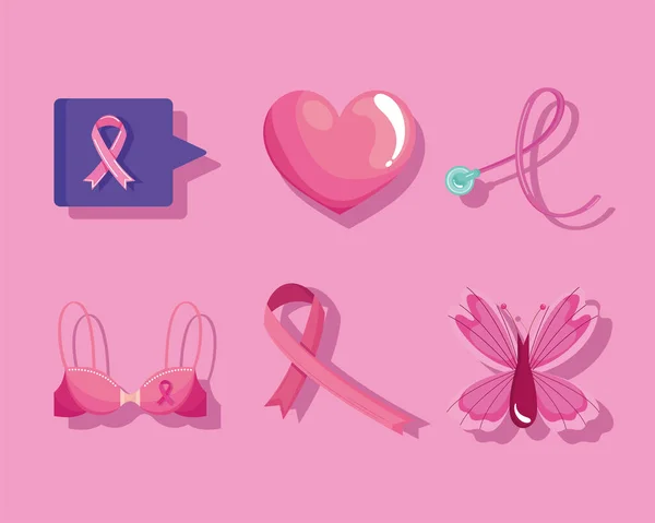 Six Breast Cancer Awareness Set Icons — стоковый вектор