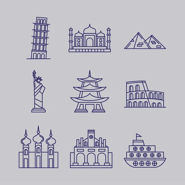 Nine World Famous Set Landmarks — стоковый вектор