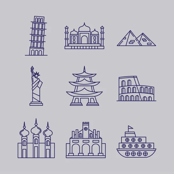 Nine World Famous Set Landmarks — 스톡 벡터