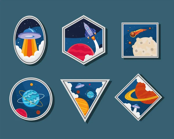 Six Space Retro Set Stickers — Stockvektor