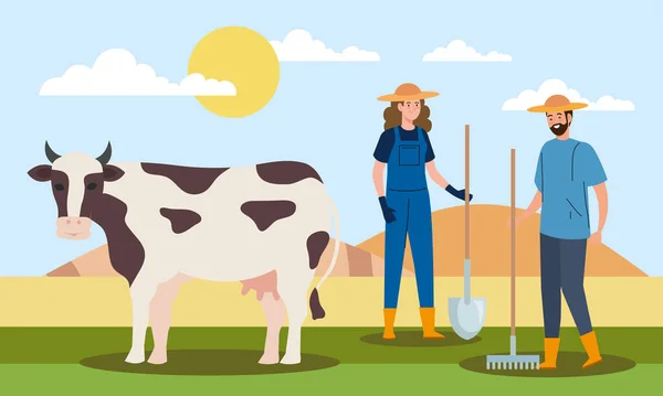 Cow Farmers Couple Scene — Vector de stock