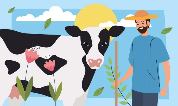 Cow Male Farmer Scene — Vector de stock