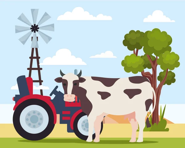 Cow Tractor Farm Scene — стоковый вектор
