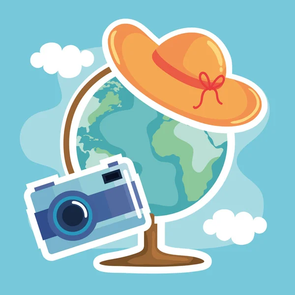 World Map Camera Travel Icons — Vetor de Stock