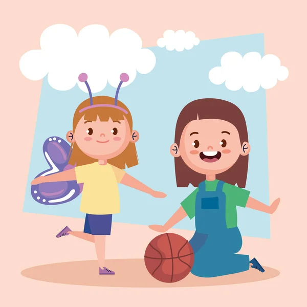 Little Girls Playing Basketball Balloon Characters — 스톡 벡터