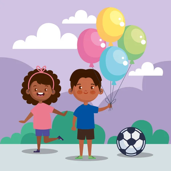 Little Kids Couple Balloons Helium Characters — Stock Vector