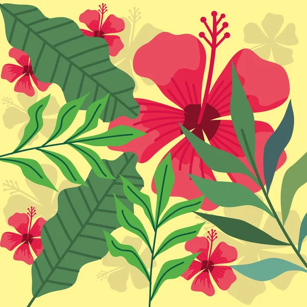 Red Flowers Palm Leafs Pattern Background — Vettoriale Stock