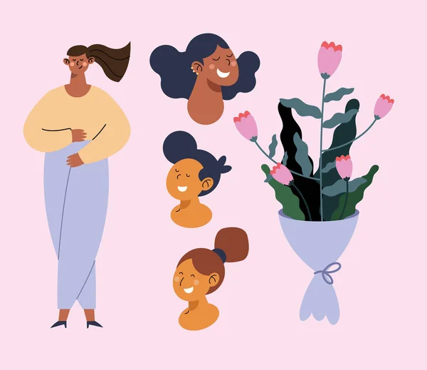 Cuatro Mujeres Flores Iconos — Vector de stock