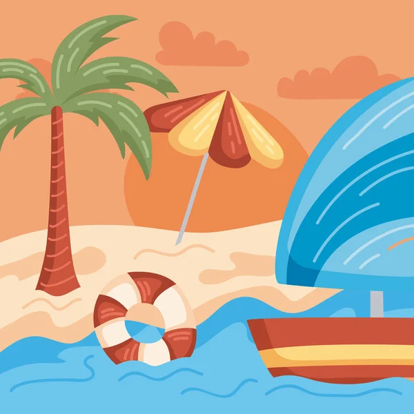 帆船和棕榈滩场景 — 图库矢量图片