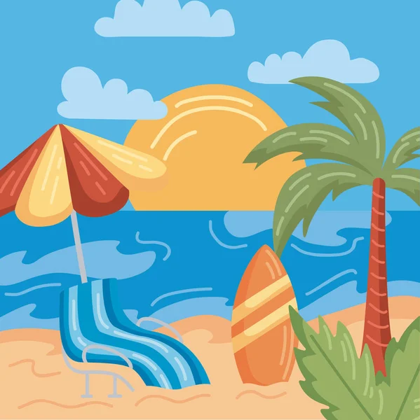 雨伞和椅子海滩场景 — 图库矢量图片