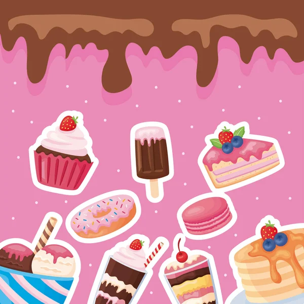 Süße Desserts Mit Schokoladencreme — Stockvektor