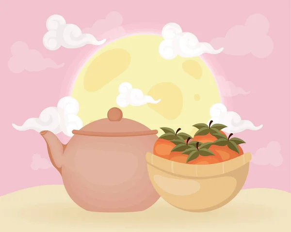 Chuseok Teapot Oranges Card — Stock Vector