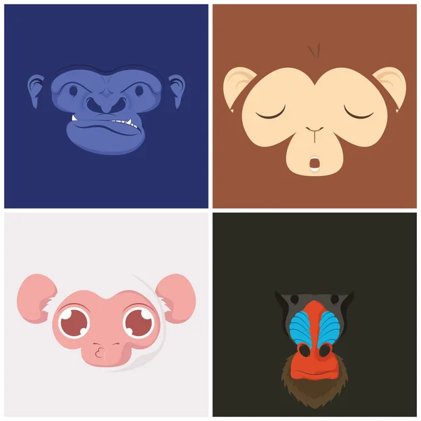 Four Monkeys Heads Animals Characters — Stok Vektör